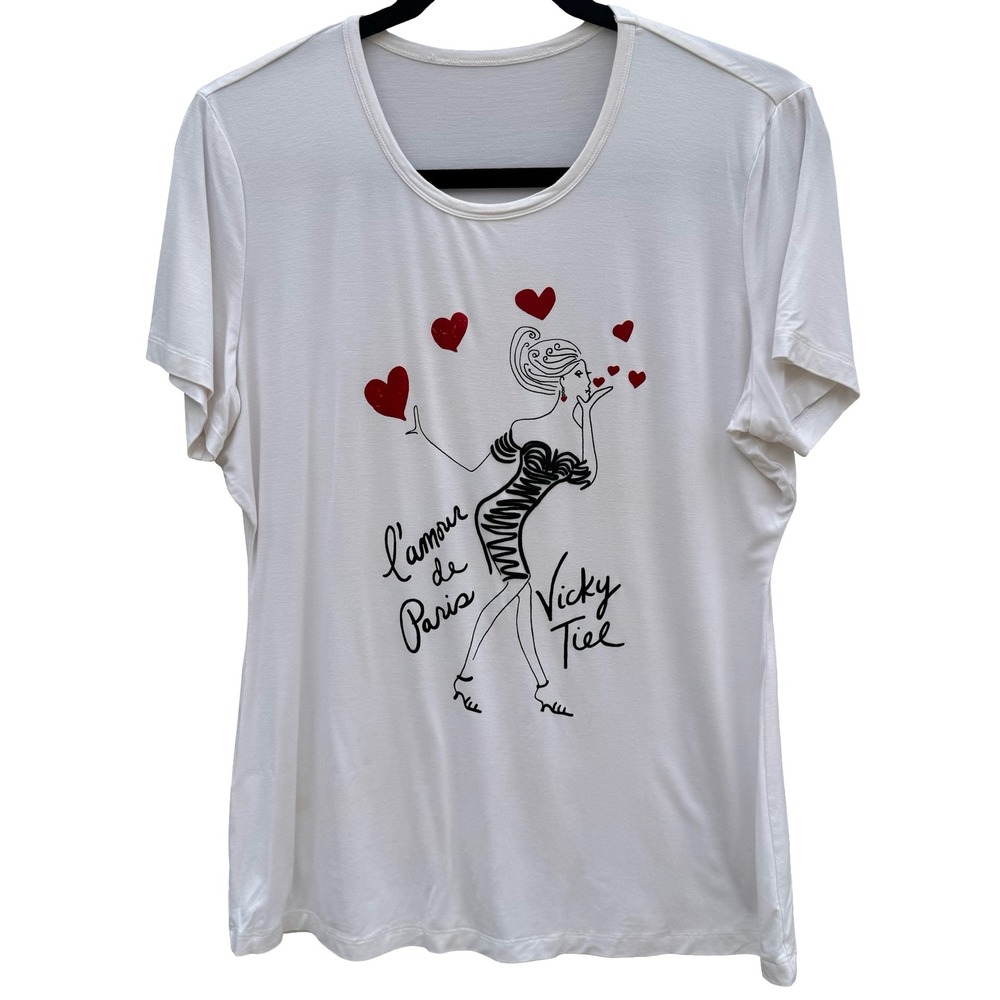 Vicky Tiel L'amour de Paris Romantic French‎ Style Feminine Graphic Tee White L